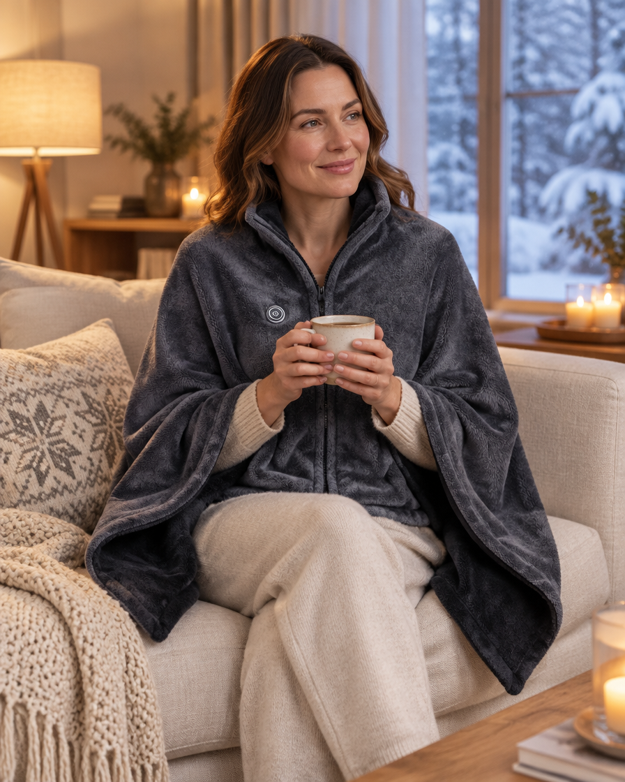 Frau mit Tee auf dem Sofa in der grauen Wärmewolke